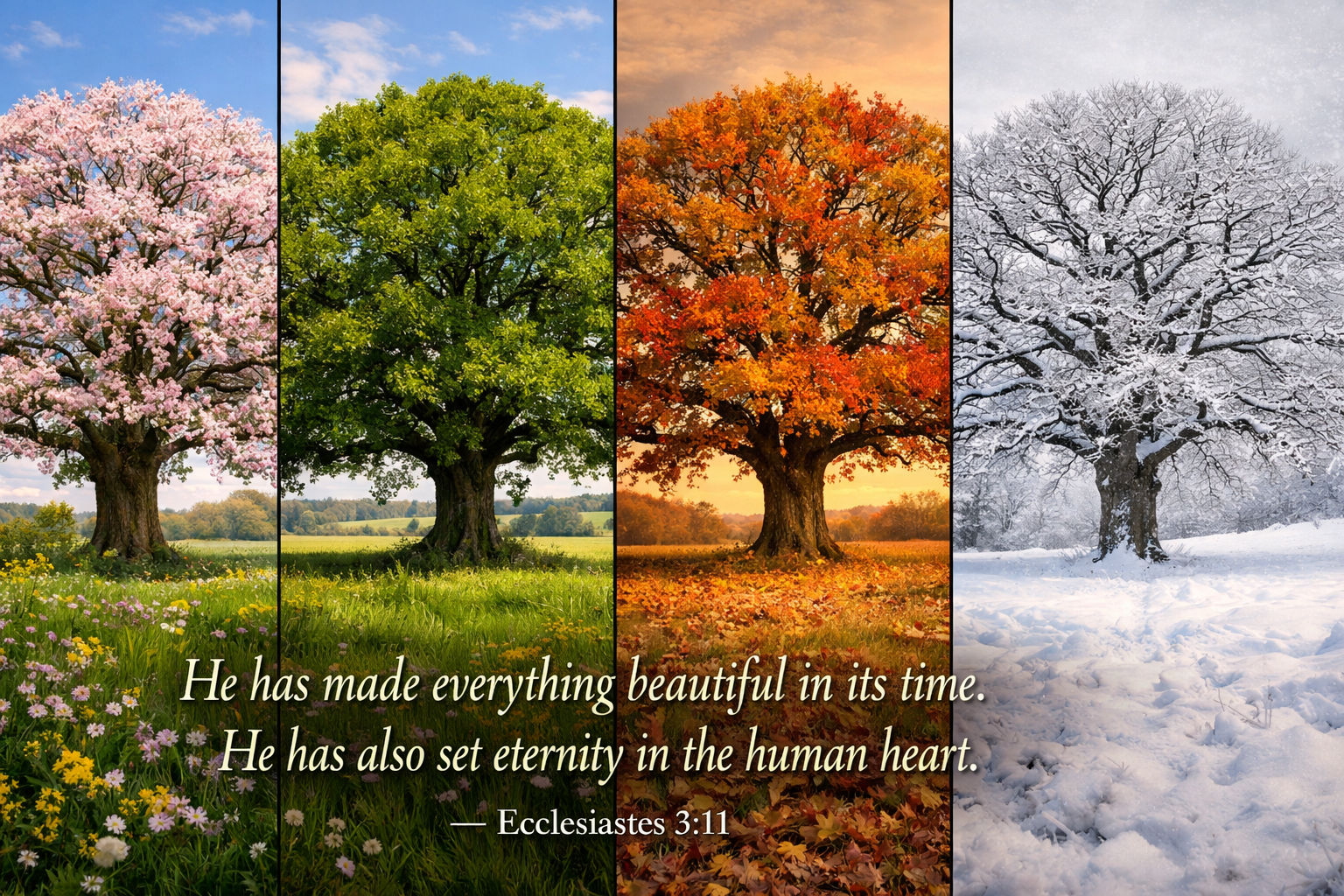 Same oak tree shown in four seasons spring blossoms summer green autumn fire winter snow split panel -- Ecclesiastes 3:11 beautiful in its time wallpaper